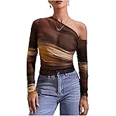 MakeMeChic Women's Tie Dye Asymmetrical Neck Long Sleeve Ruched Tee Shirt Crop Tops