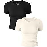 OQQ Womens 2 Piece Shirts Short Sleeve Crew Neck Ruched Stretch Fitted Tee Shirts Crop Tops