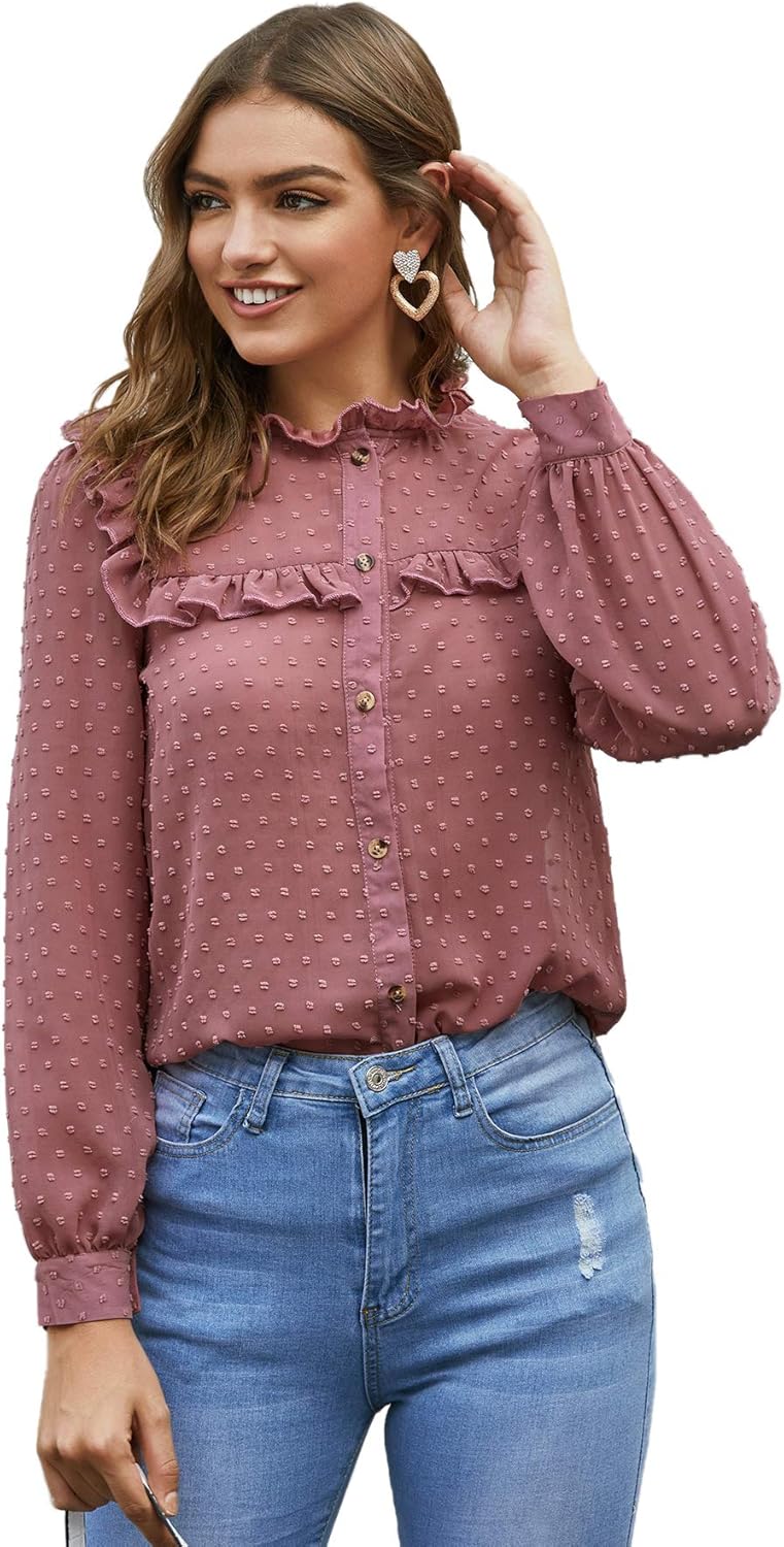 Floerns Women's High Neck Ruffle Trim Swiss Dots Sheer