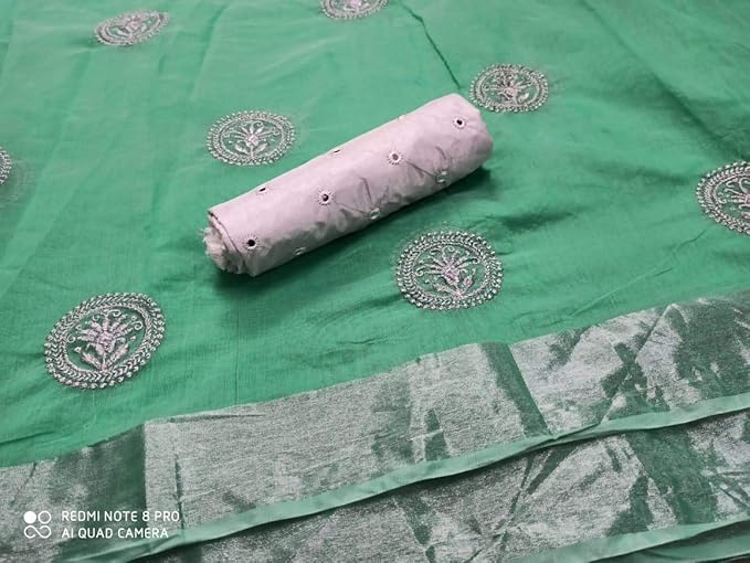 Women's Cotton Blend & Linen Saree With Blouse (Rama)