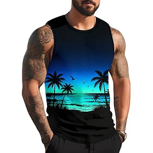 Gosuif Mens Graphic Tank Tops Sleeveless Muscle Shirts Beach Hawaiian Coconut Tree Patriotic Tank Tops