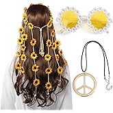AWAYTR 3PCS Women Hippie Costume Set - 70s Boho Flower Headband, Gold Peace Sign Necklace, Daisy Sunglasses