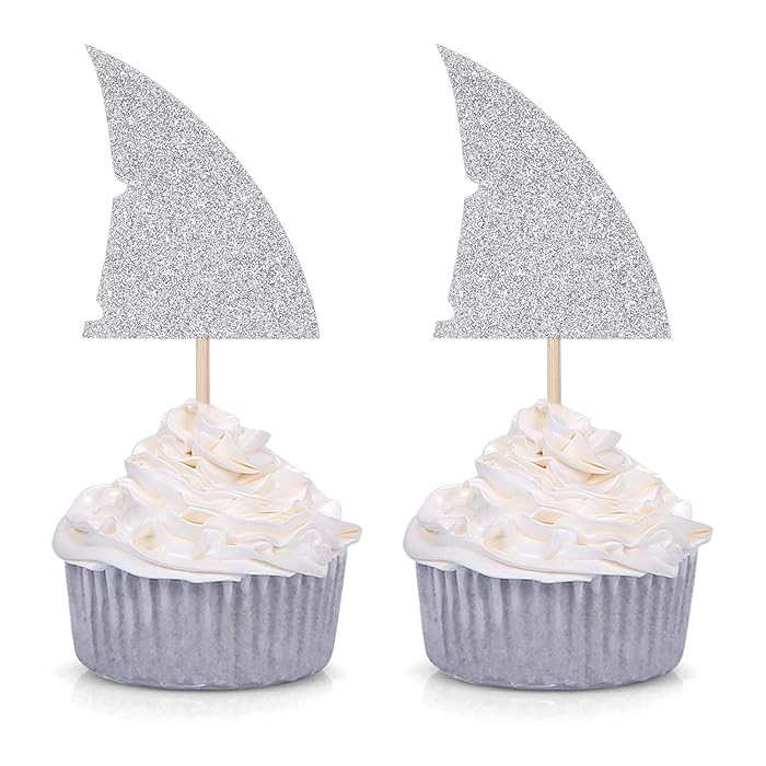 Set of 24 Silver Glitter Shark Fin Cupcake Toppers/Picks for Baby Shower Wedding Birthday Party Decorations