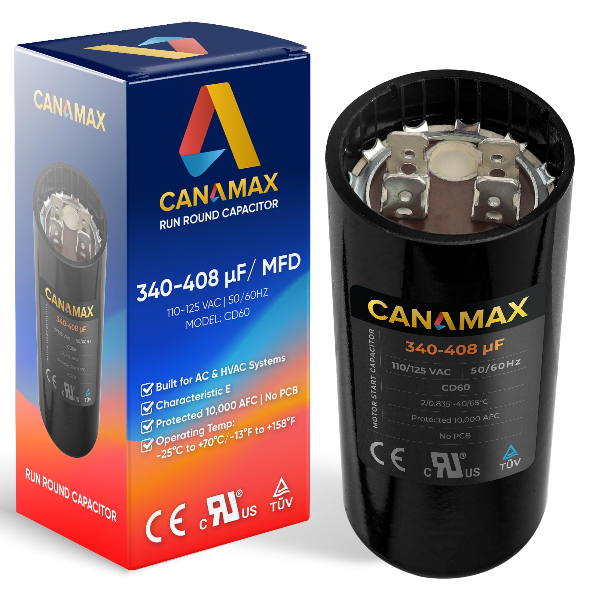 Photo 1 of Canamax 340-408 MFD uf 50/60 Hz 110-125 VAC Volts Round Start Capacitor - Compatible with AC Motor Run or Fan Start and Cool or Heat Pump Air Conditioner - Replaces 4X067 11022 PMJ340 235-9739-02