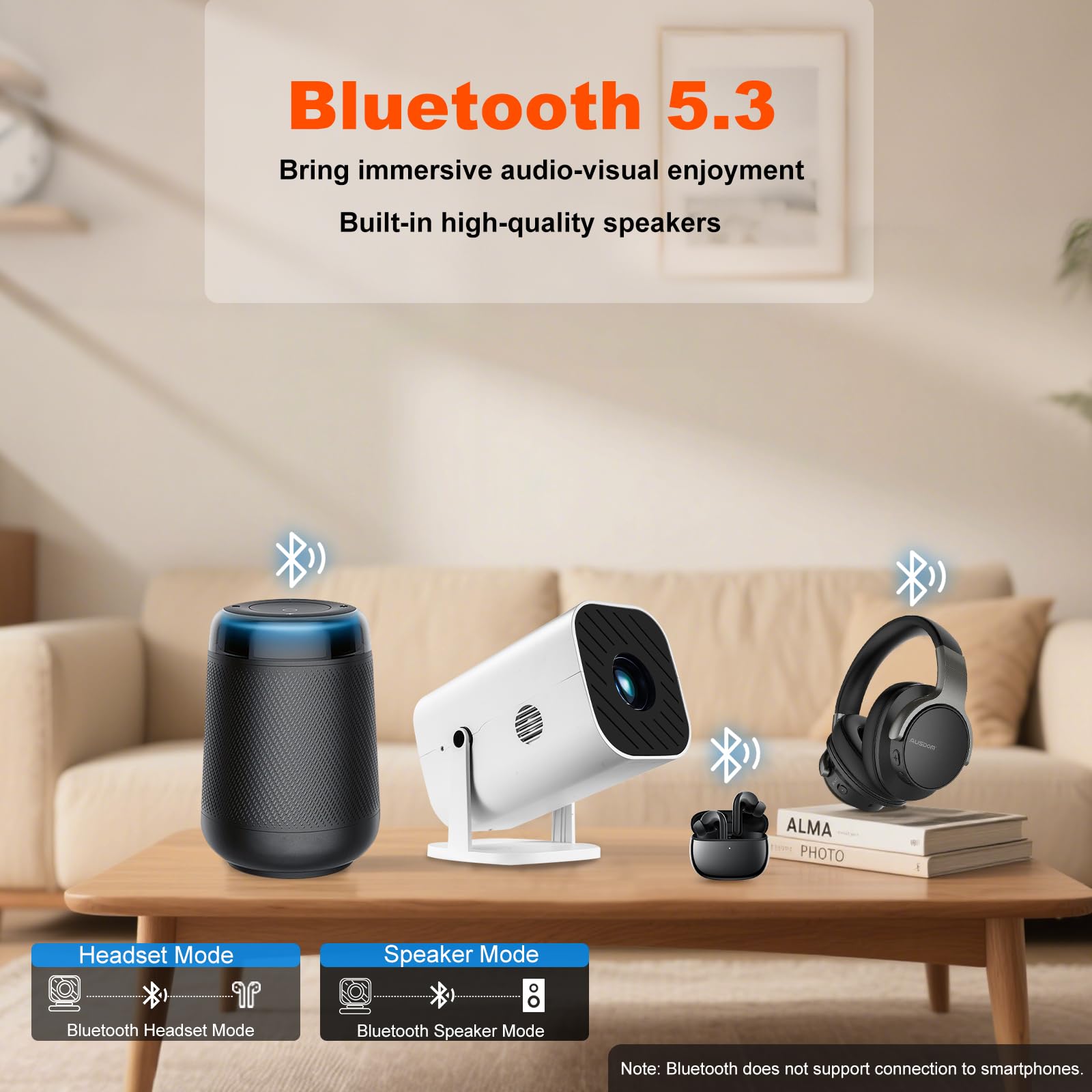 【Aplicaciones integradas, enfoque eléctrico y rotación de 210°】Mini proyector con WiFi y Bluetooth, proyector portátil 1080P, proyector de películas para dormitorio, compatible con teléfonos inteligentes/TV Stick/iPad/PS5/portátil/HDMI/USB