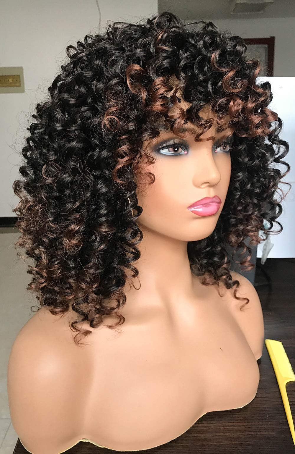 Condition photo showing New/Like New for curly afro wigs for black women kinky curly wig with bangs synthetic fiber natural looking glueless hair for daily wear ombre brown