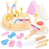 UMU&reg; Wooden Birthday Cake Playset &ndash; Pretend Kitchen Toy with Candles Numbers Fruits &amp; Toppings &ndash; Wooden Play Food for Kids Ages 3 4 5 &ndash; Role Play Party Toy for Girls &amp; Boys