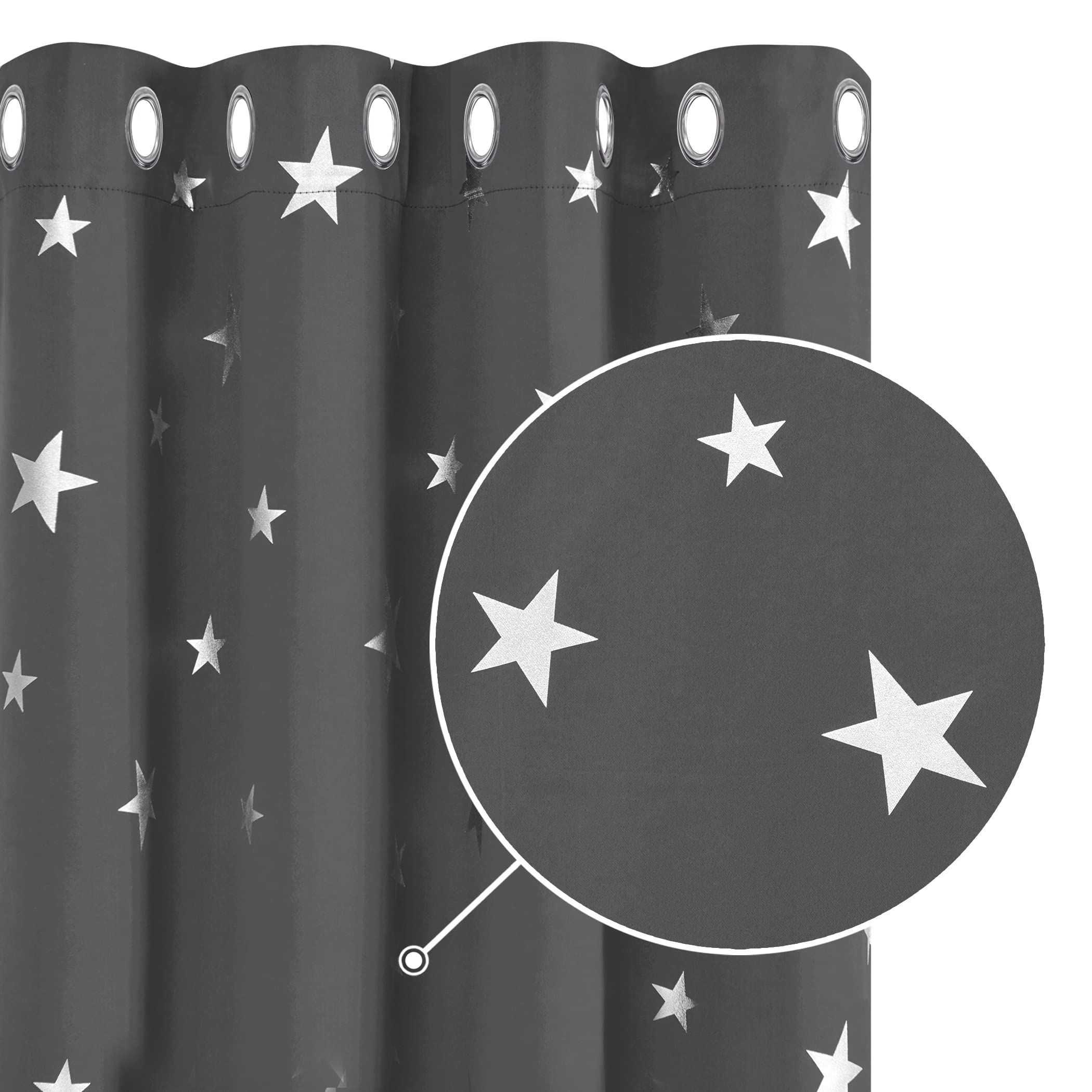 Deconovo Set of 2 Modern Silver Star Pattern Blackout Curtains for Living Room Thermal Insulated Interior Curtain with Eyelets for Kitchen, Bedroom, Dark Grey, 140 x 290 cm