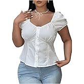 Floerns Women's Plus Size Puff Short Sleeve Button Down Shirts Lace Flare Hem Blouse Top