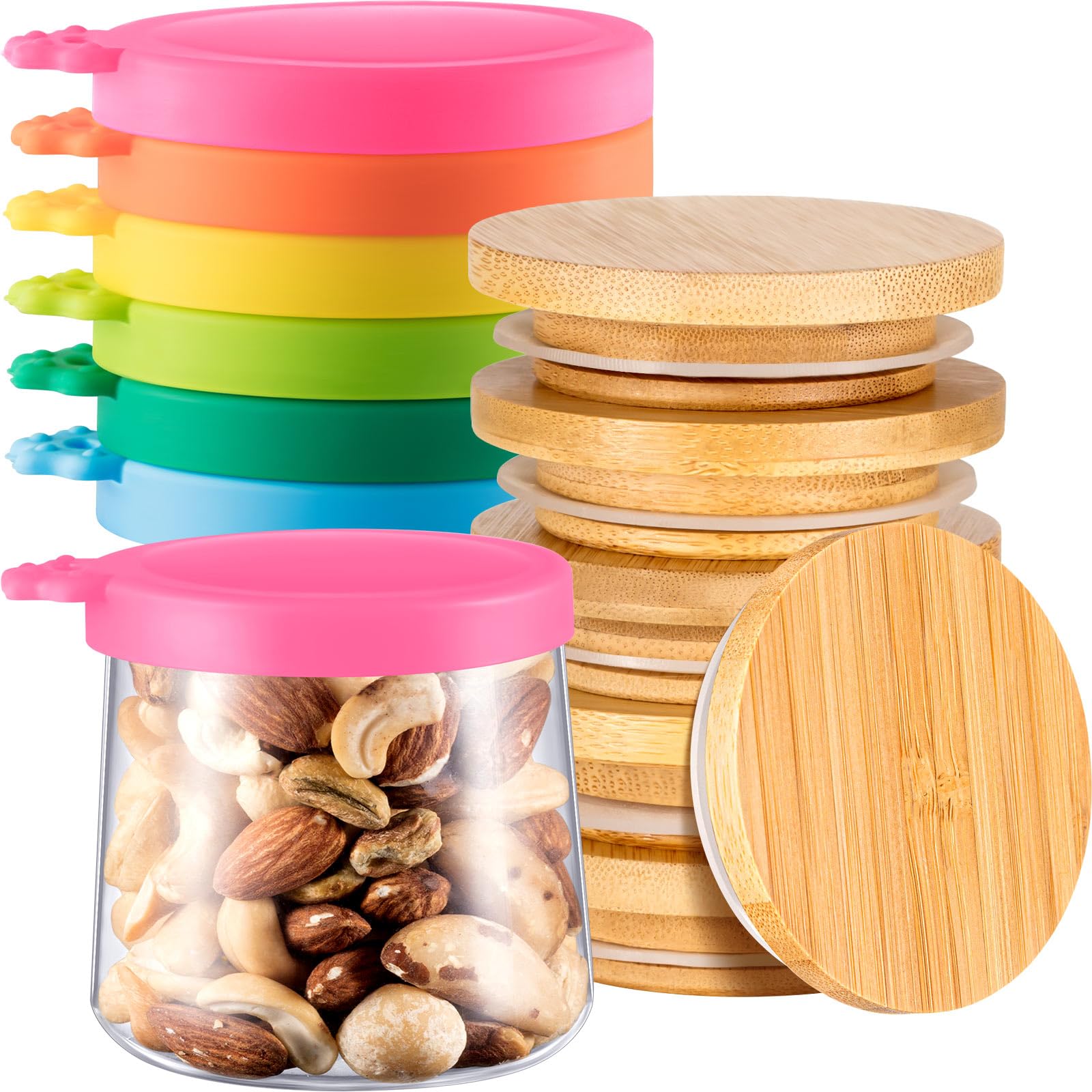 Photo 1 of Mumufy 12 Pcs Yogurt Jar Lids Set, 6 Colorful Covers Silicone Jar Lids and 6 Bamboo Wood Yogurt Container Lids with Silicone Sealing Rings, Reusable Replacement Cover Compatible with Oui Yogurt Jar