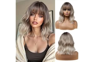 Esmee 14 Inches Short Blonde Wigs with Fringe for Women Natural Synthetic Hair Ombre Wig with Dark Roots Loose Wavy Wigs for 