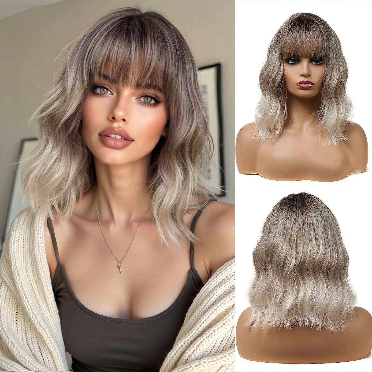 Esmee 14 Inches Short Blonde Wigs with Bangs for Women Natural Synthetic Hair Ombre Wig with Dark Roots Loose Wavy Wigs for Cosplay Daily Party Wear