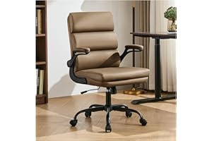 AMSEATEC Office Chair Adjustable Desk Chair Mid Back Executive Comfortable Bonded Leather Ergonomic Back Support Home Computer Chairs with Padded Flip-up Armrest Swivel Wheels (Tan)