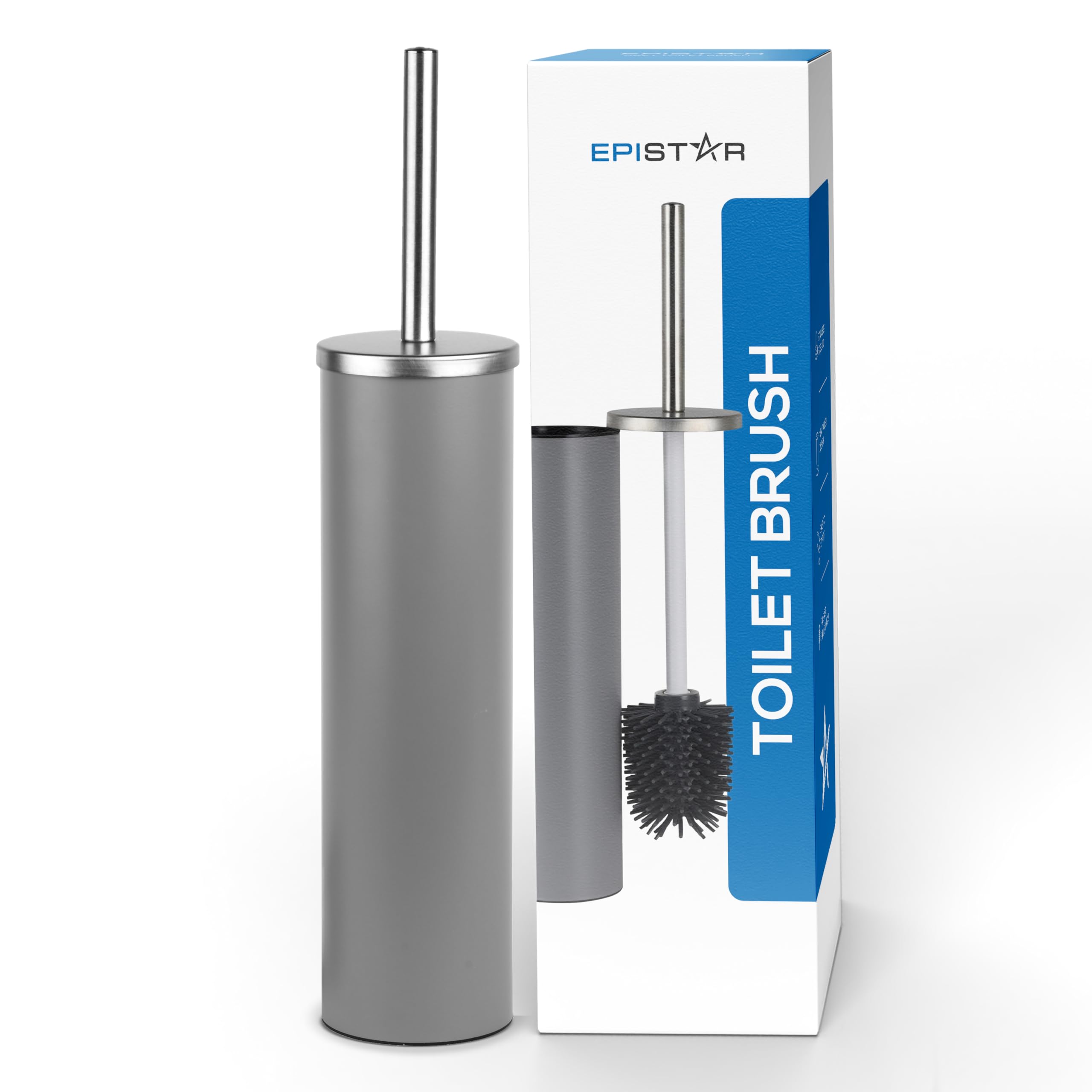 EPISTAR Silicone Toilet Brush & Holder Set - Stainless Steel - Replacement Heads Available - 45cm Tall - Toilet Brush Silicone with Long Handle (Grey)