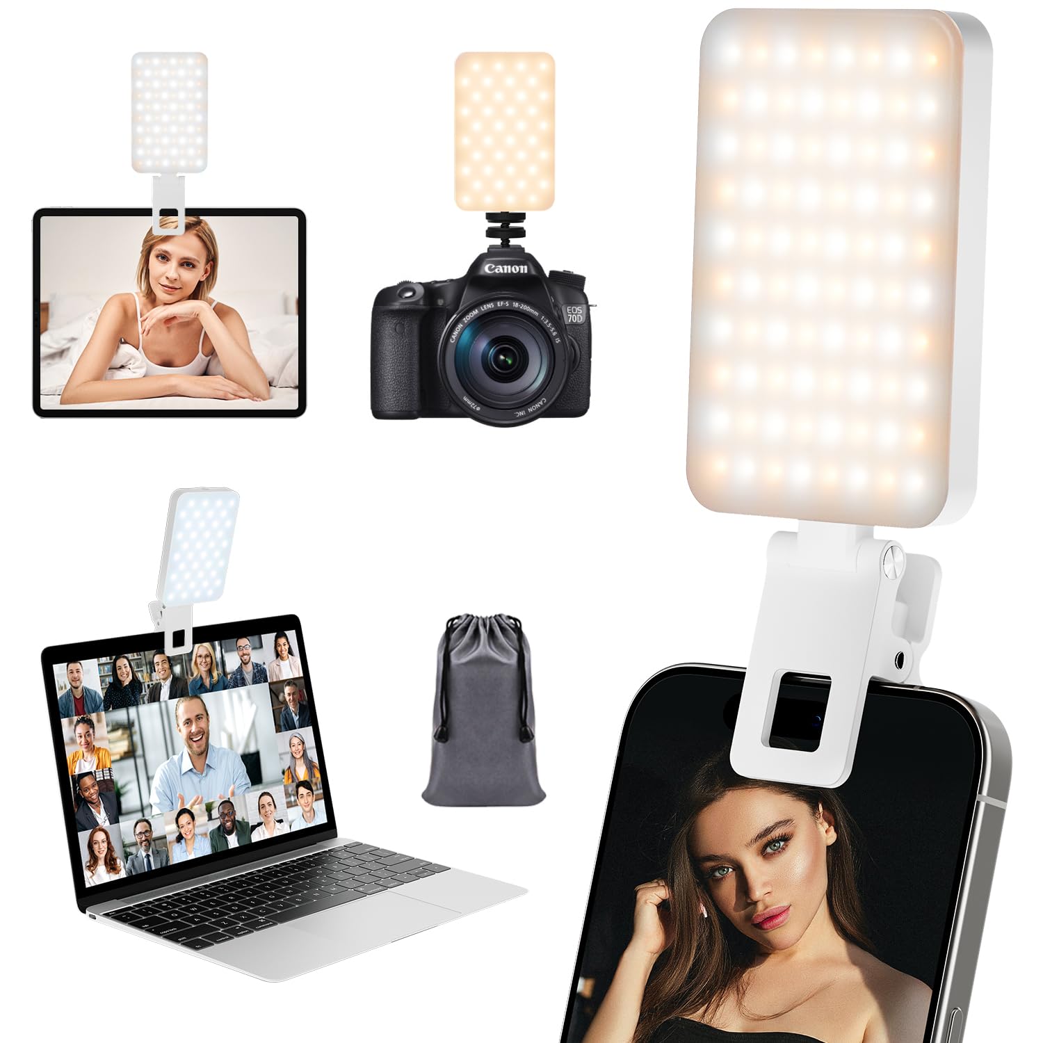 Phone Light, RealPlus Selfie Light for Phone Clip On 2000mAh with 80 LEDs & 5 Colors for Phone, Tablet, Laptop, Zoom Meeting, Makeup, Video (Pure White)
