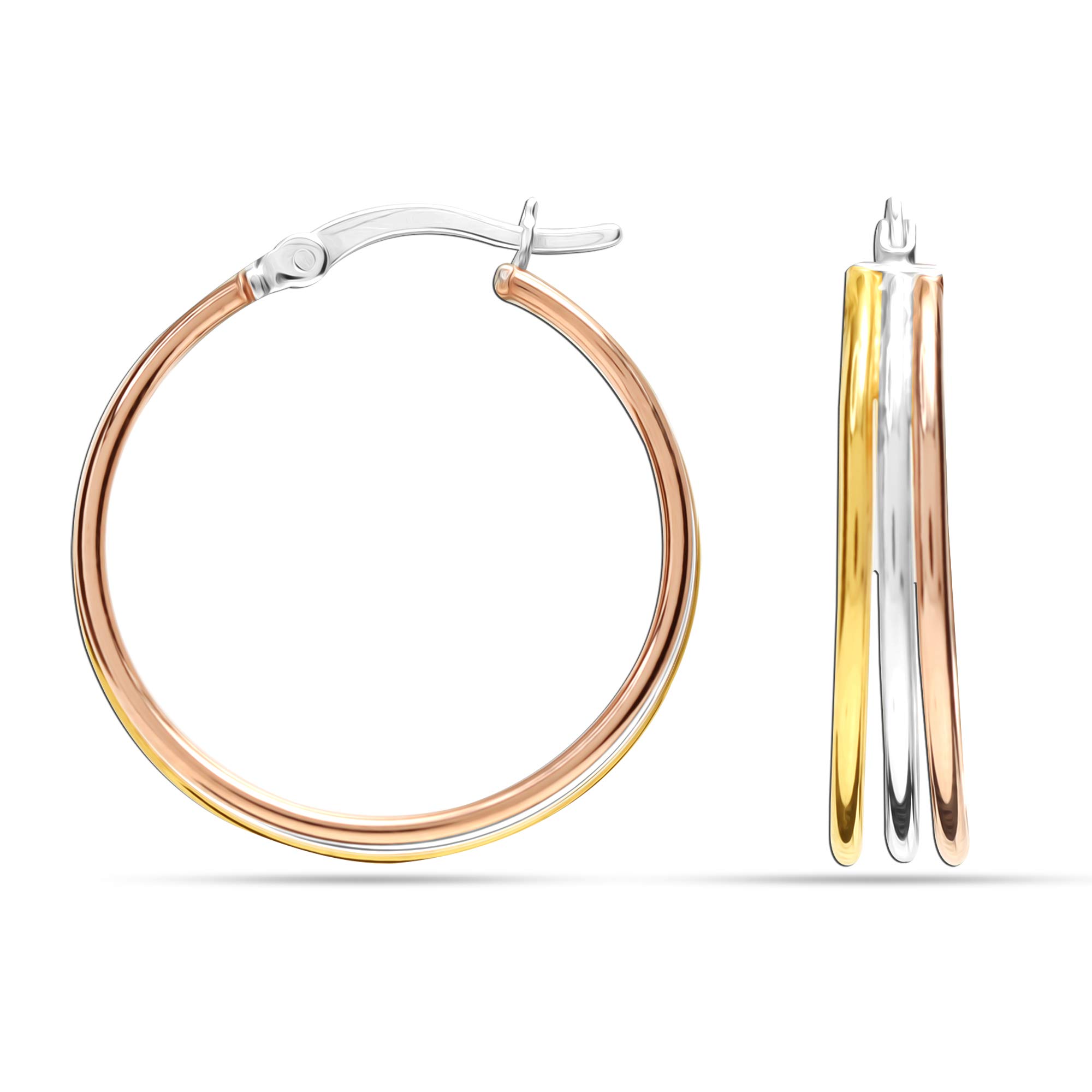 Charmsy 925 Sterling Silver Elegant 925 Sterling Silver Light-Weight Italian Design 14K Three-Tone White, Yellow, Rose Gold Round Shape Click-Top Small Hoop Earrings for Women Teen 25 MM