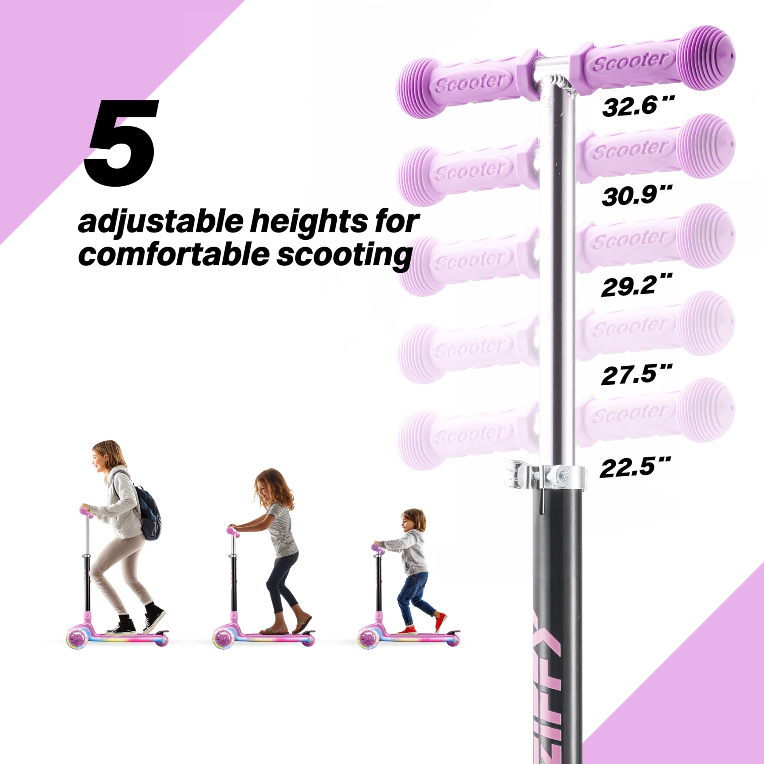 ZIFFY 3-Rad-Kinderroller 3–5 Jahre – Blau/Grün/Pink/Violett – LED-Leuchträder, Neigelenkung, Hinterradbremse – Höhenverstellbarer Lenker 44–61 cm – 1,8 kg, schnell zerlegbar 4