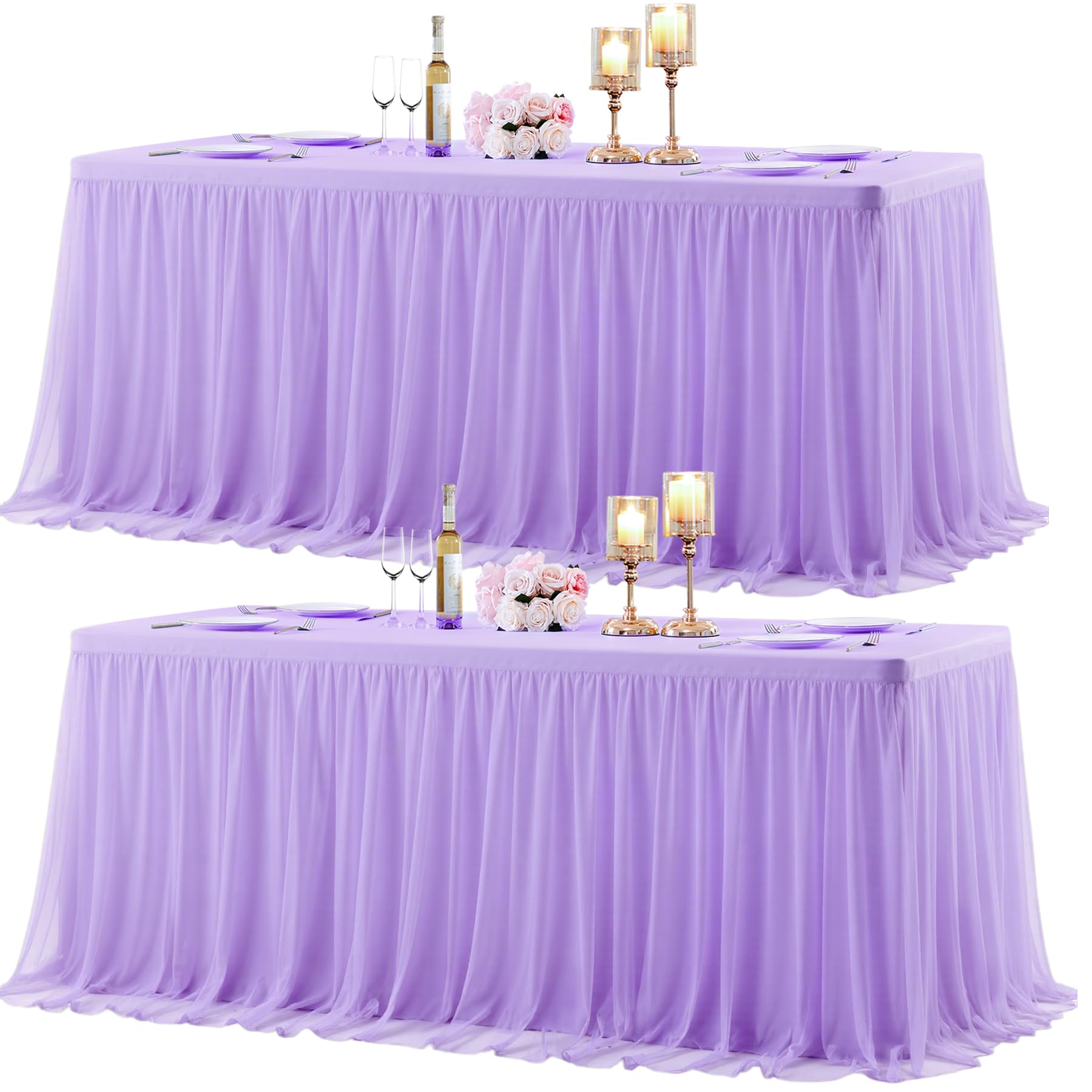 Photo 1 of Suppromo 2 Pack 6ft Lavender Tulle Tablecloths for Rectangle Tables 6 Foot Rectangular Table Cloth Wrinkle Free Table Cover with Tutu Skirt for Wedding Baby Shower Birthday Party Banquet Buffet Cake