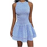 GORGLITTER Women's Gingham Mini Dress Cute Tiered Ruffle Hem Smocked Plaid A Line Vacation Short Tank Dresses