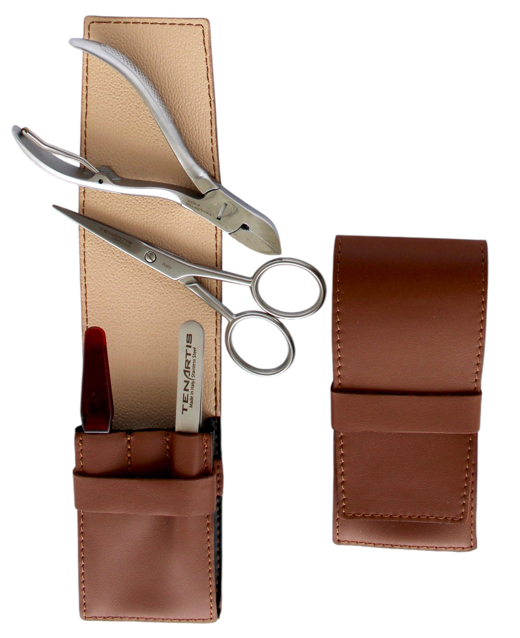 4-Piece Brown Genuine Leather Men's Grooming Set | Manicure, Pedicure, Beard & Moustache - Tenartis 381 Made in Italy