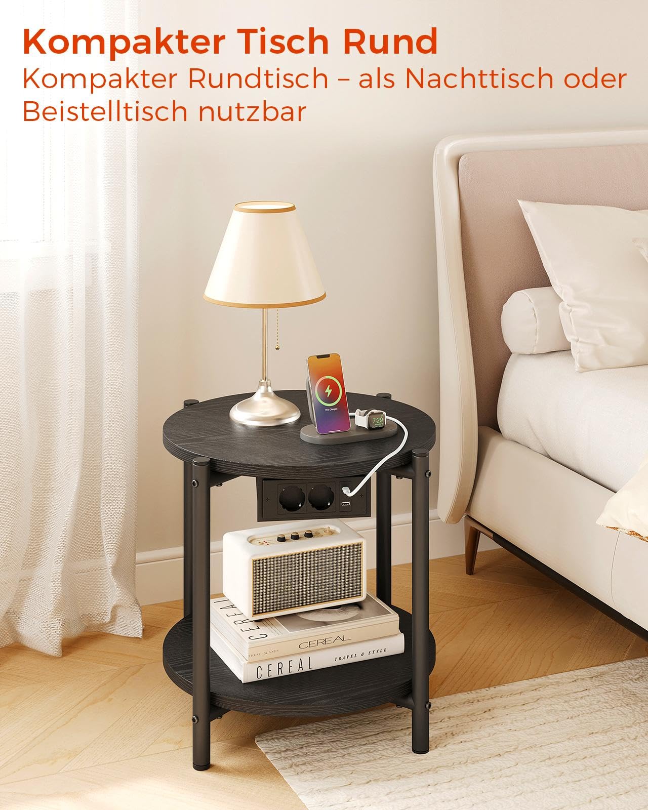 IRONCK Rund Nachttisch 2er Set, Beistelltisch mit Steckdose, USB-C-Anschluss, Kleiner Tisch Holz & Metall, Sofatisch Wohnzimmertisch Couchtisch 2 Ablage für Schlafzimmer (Schwarz, 2 Stücke) 2