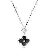 Lavari Jewelers Black Onyx or Mother of Pearl and Cubic Zirconia Double Flower Pendant Necklace in 925 Sterling Silver with Gold Plating 16 to 18 Inches Adjustable Chain Spring Ring