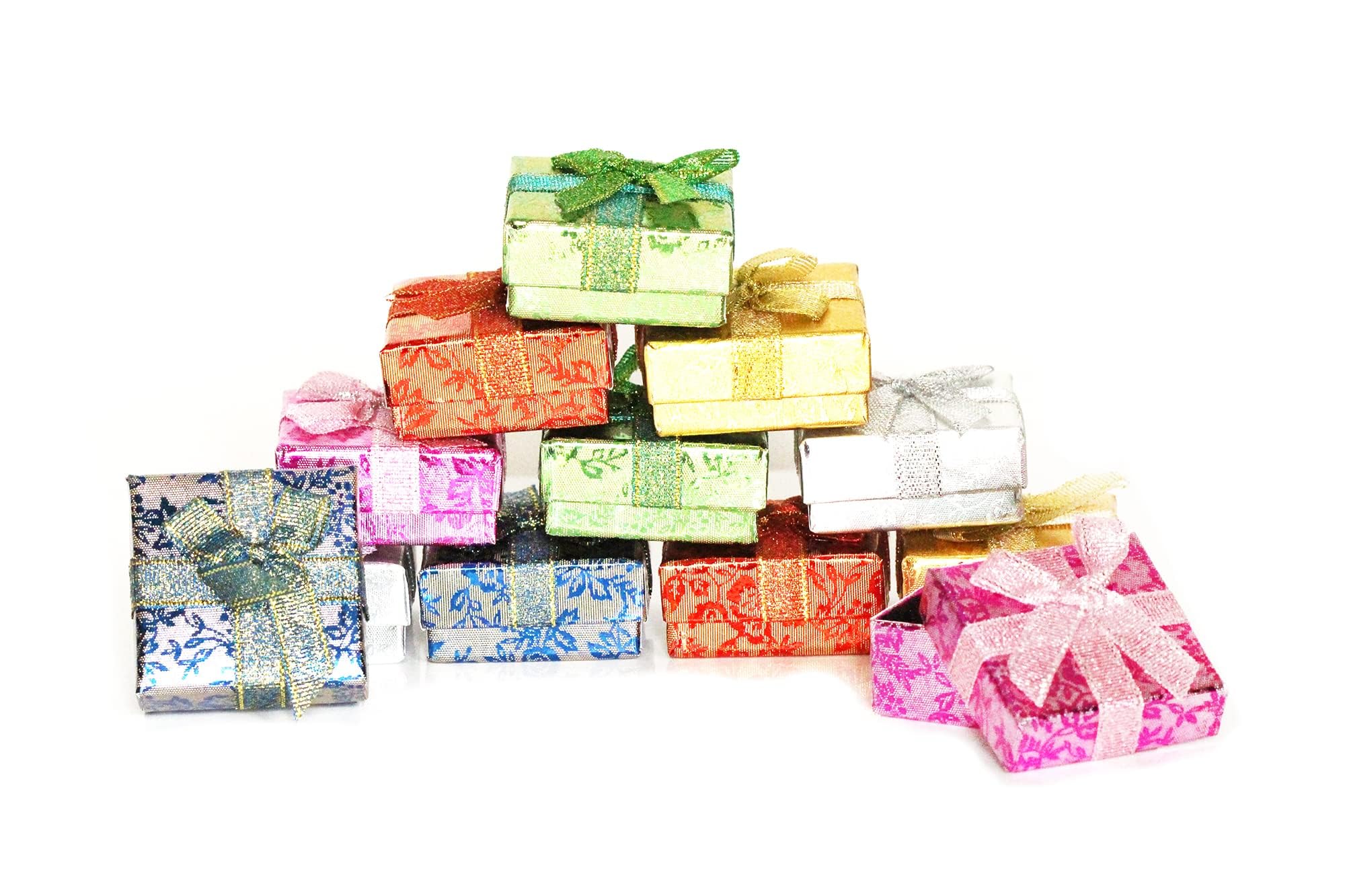 24 Kraft Cardboard Jewelry Boxes - Small Earring and Ring Boxes - Vibrant Colors with Sparkling Ribbon Jewelry Packaging- Christmas Tree Decorations - 5x5x2.4cm