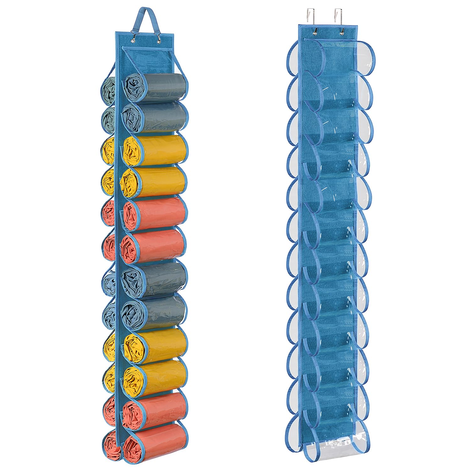 Lirex Hanging Yoga Legging Storage Organizer with 24 Pockets, Foldable Oxford Cloth Hanging Closet Organizer Shirts Jeans Storage Hanger Socks Holder for Family Closet Bedroom (Blue)