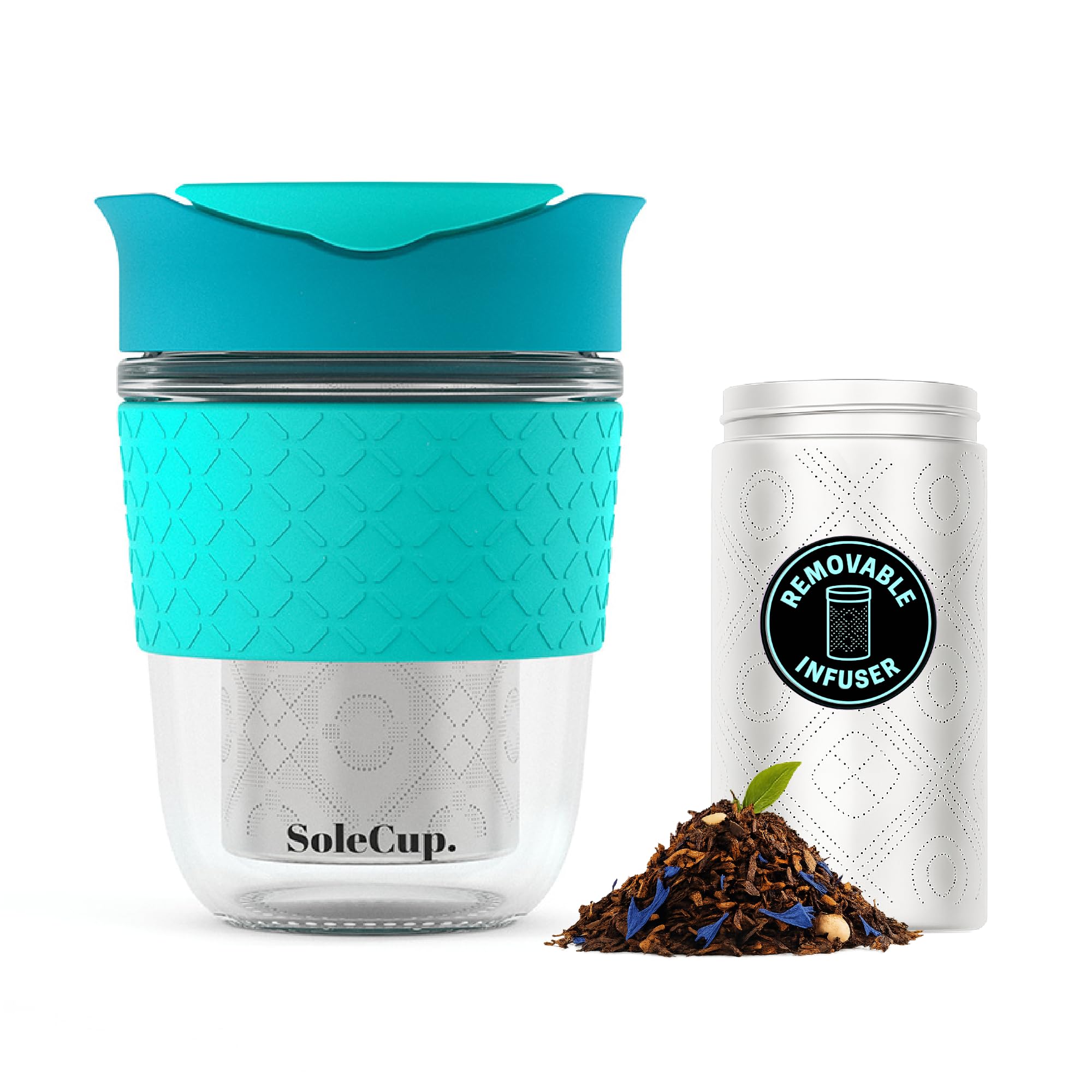 SoleCup. Travel Mug Loose Tea Infuser - Detachable Tea Strainer with Spillproof Lid - BPA-Free Reusable Glass Travel Coffee Cup with Silicone Band (Blue, 340ml / 12oz)