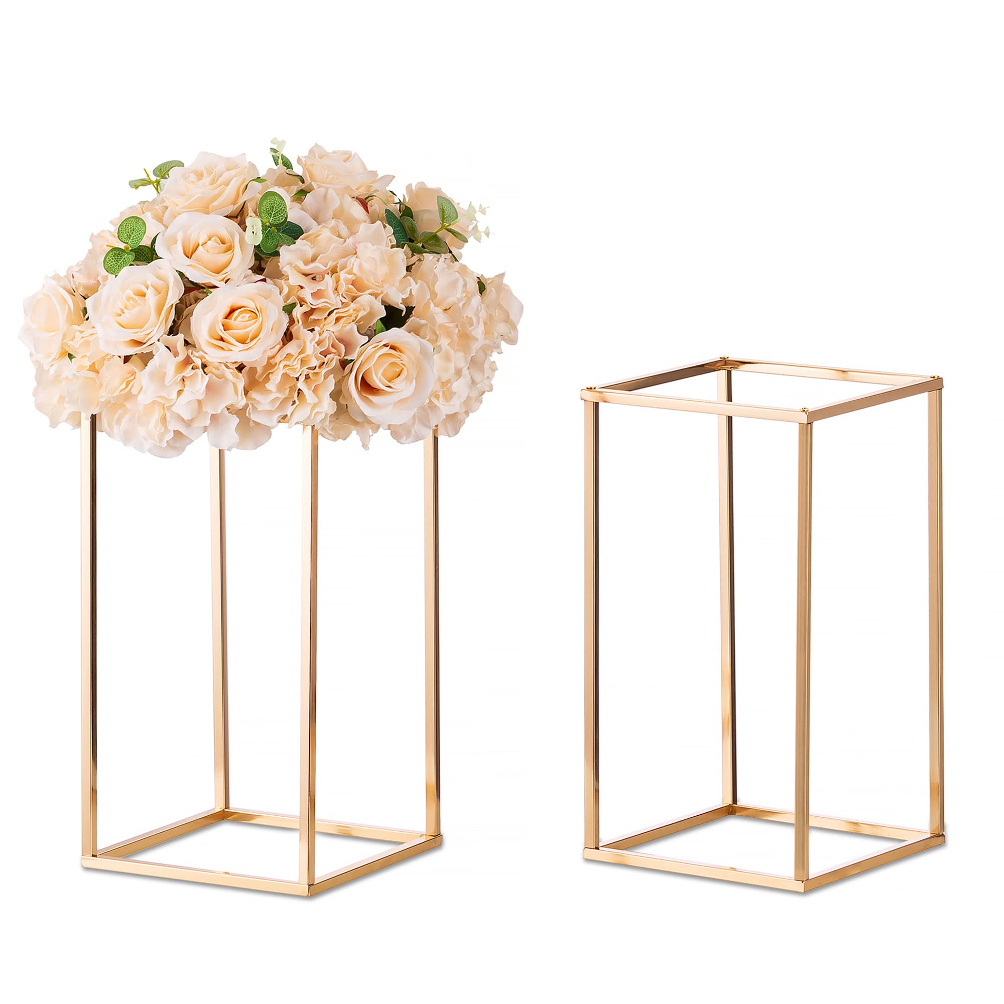 Sziqiqi 2Pcs Gold Vases for Wedding Centerpieces - Column Geometric Metal Floor Vase for Flower Stand Tables Center pieces Stands Flower Arrangement Display Rack for Ceremony BirthdayDecoration, 40cm