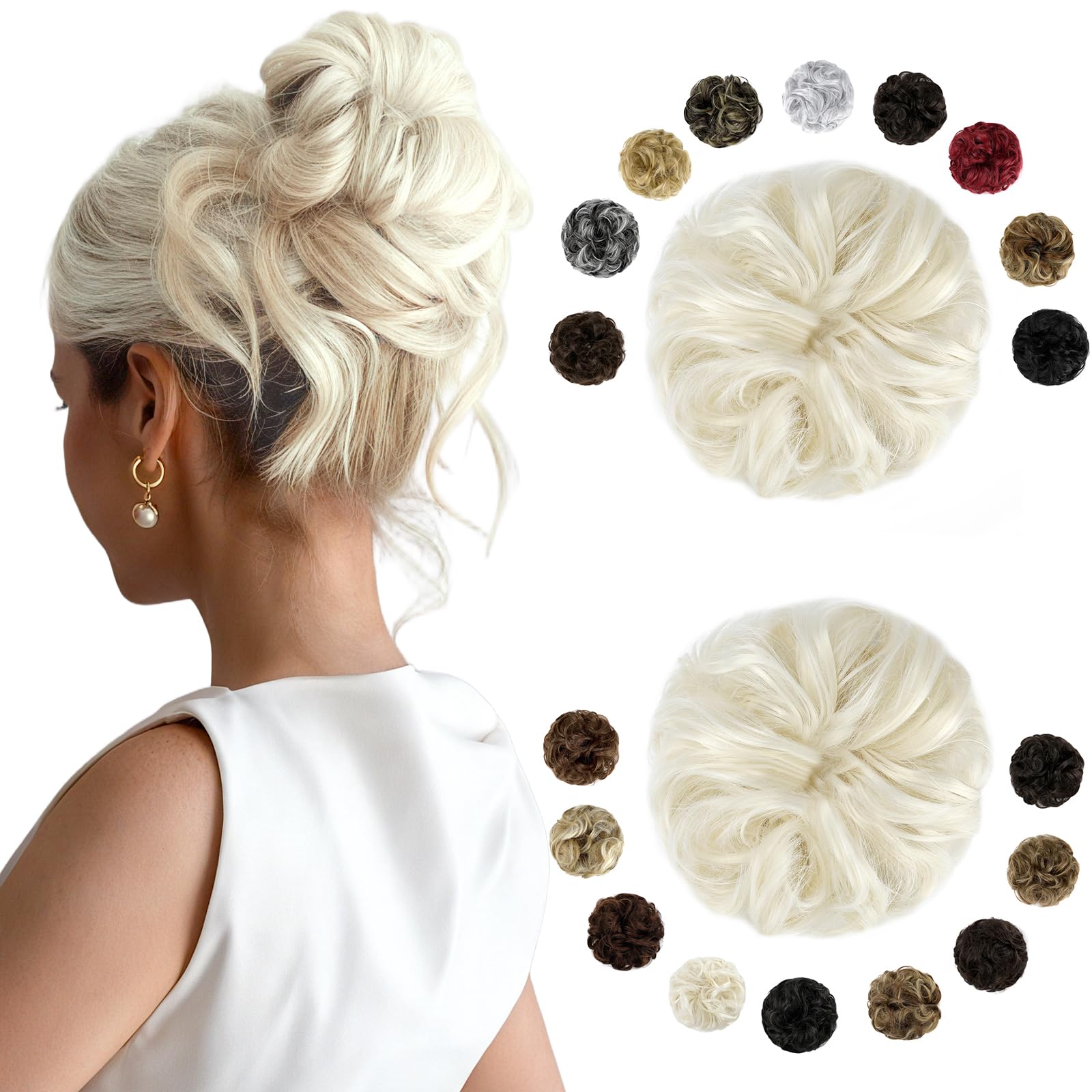 Photo 1 of FELENDY 2PCS Messy Bun Hair Piece Large Wavy Curly Elastic Hair Bun Scrunchies Fluffy Thick Donut Chignon Hairpieces Updo Extensions Platinum Blonde