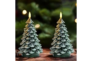 Homemory Christmas Tree Candles with 6 Hours Timer, 2 Pcs Waxy LED Flameless Candles Flickering, Green Electric Candles Battery Operated for New Year Celebration Holiday Decorations 8.5 Inches