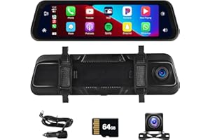 Hikity Mirror Dashcam with Wireless Carplay & Android Auto, 9.66 Inch 1080P Rear View Mirror Front and Rear View Dual Cameras with Bluetooth Night Vision AUX Cable 64G TF
