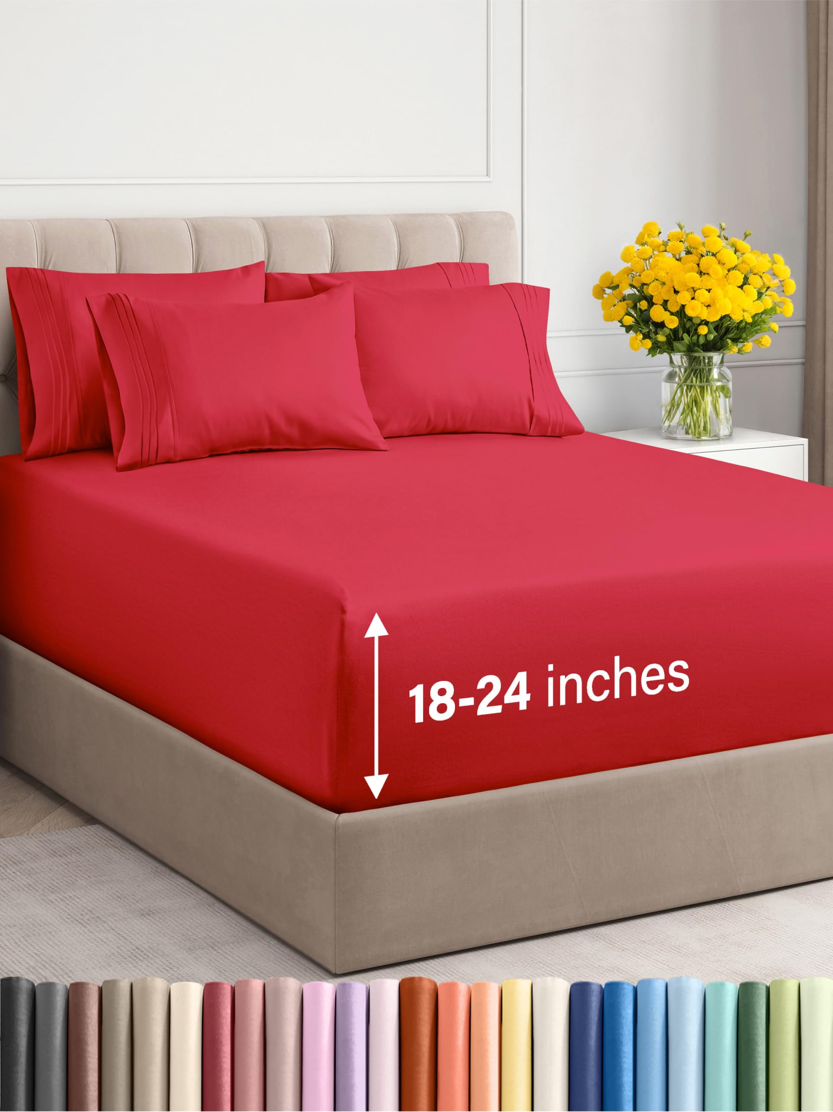Photo 1 of Extra Deep Queen Sheet Set - 6 Piece Breathable & Cooling Sheets - Hotel Luxury Bedding Set w/18-24 Inch Extra Deep Pockets - Easy & Secure Fit - Super Soft, Wrinkle Free and Comfy - Red, Queen Size