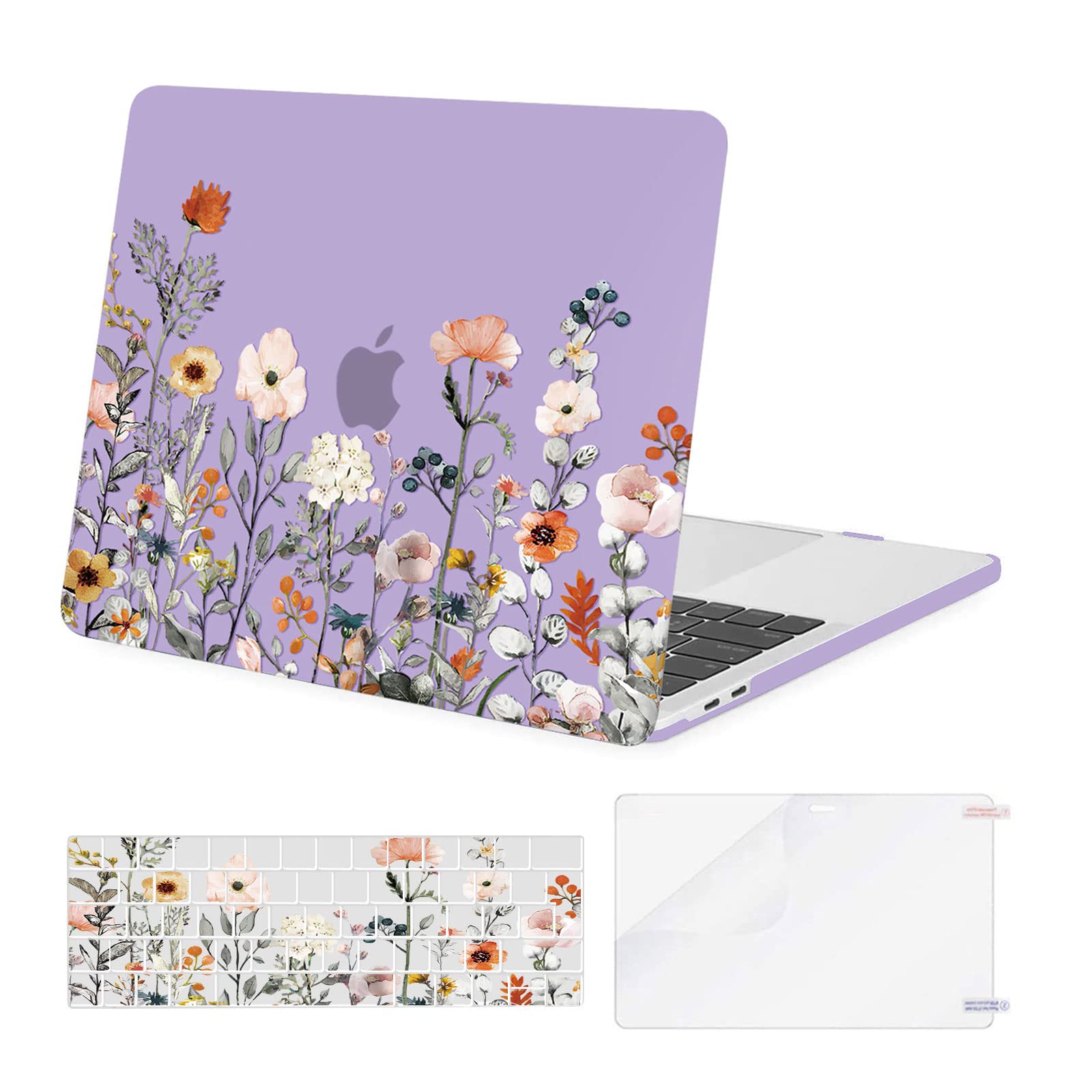 MOSISO Compatible with MacBook Pro 13 inch Case M2 M1 2026 2025 2024 2023-2016 A2338 A2289 A2251 A2159 A1989 A1706 A1708, Garden Flowers Hard Shell Cover &Keyboard Skin&Screen Protector, Purple