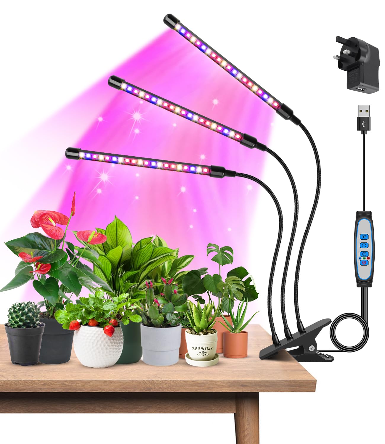 Garpsen Plant Lights, 3 Heads Red Blue Warm White Full Spectrum Grow Lights for Indoor Plants, 60 LEDs Led Grow Light for Seed Starting, with Auto ON/Off 6/12/16H Timer, 5 Dimmable Levels