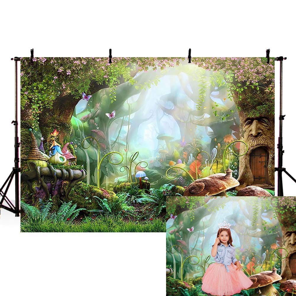 Mehofoto Fairy Tale Photo Backdrop 7x5ft Magic Forest Mushroom Backdrops Seamless Kids Birthday Jungle Photography Background