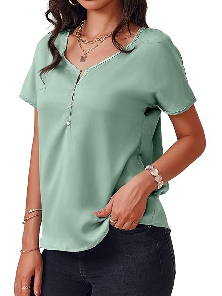 TANKANEO WOMENS DEEP V NECK T-SHIRT BUTTON DOWN LOOSE FIT CURVED HEM BASIC TEE TOP GREEN, SMALL