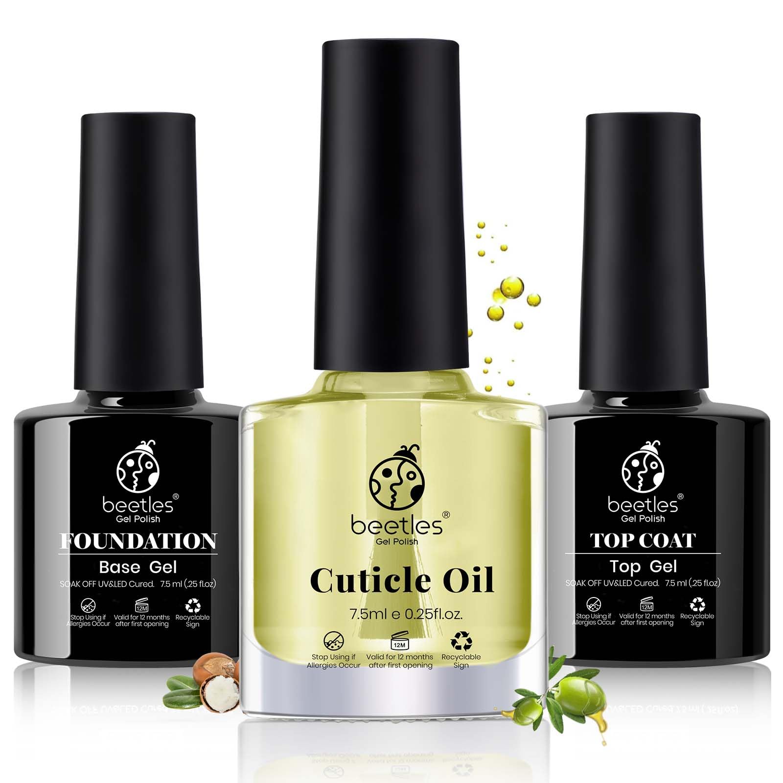 beetles 3pcs 7.5ml Gel Top Coat Base Coat & Cuticle Oil Set, No Wipe Top Gel Glossy Shine Long Lasting, Cuticle Protectors Kit Oil Care for Dry, Damaged Cuticles, Stronger Nails-TBC006-RE