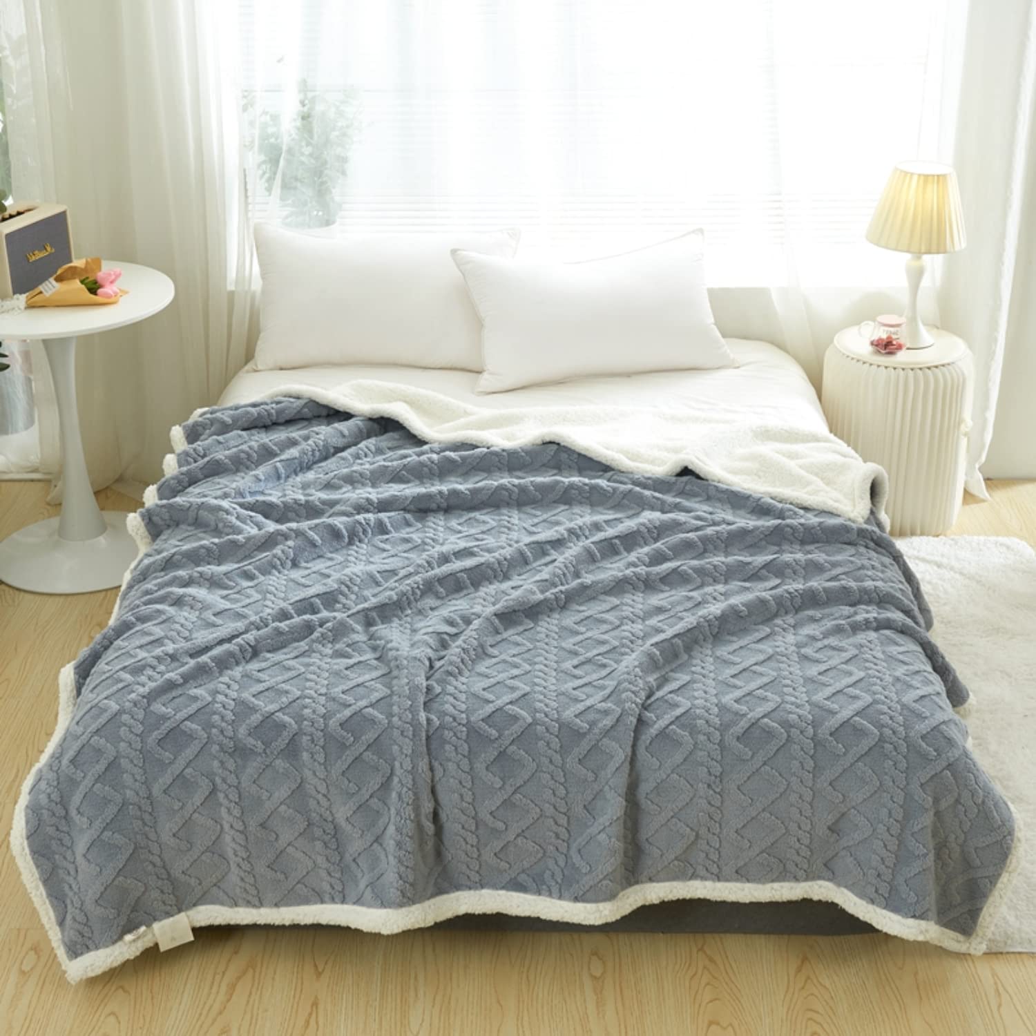 DREAMLANDING Sherpa Fleece Blanket Sofa Throw Double-Sided Super Soft Warm Throw Blanket For Bed, Sofa, Couch (Fog Blue Cable, 150×200cm)