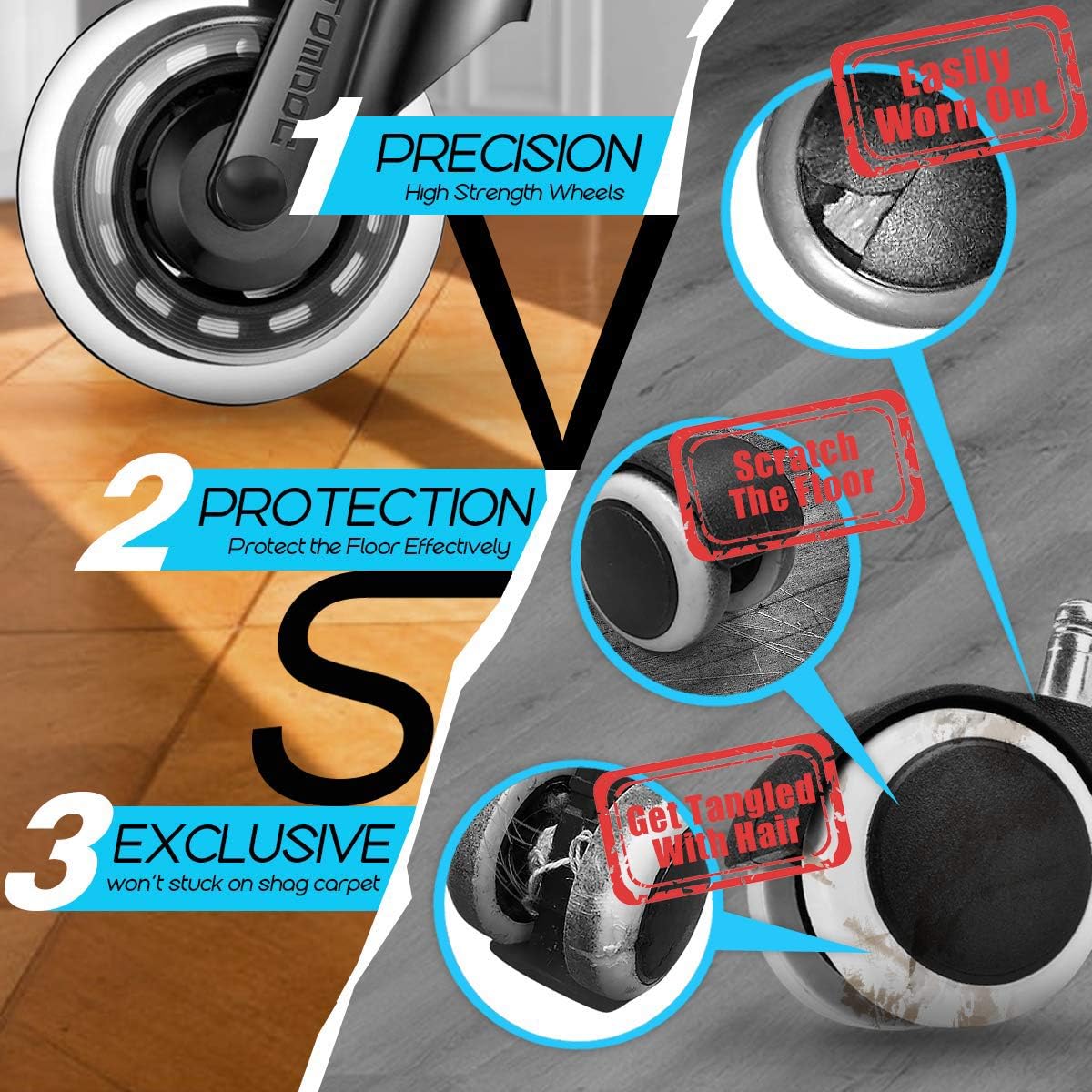 Caster Office Chair Wheels, 3" Standard Replacement Chair Casters, Heavy Duty & Safe Protection for All Floors Hardwood Slate Tile Mat Carpet Revolutionary Bearing Protection Cover, Set of 5 ATOMDOC: Furniture & Decor