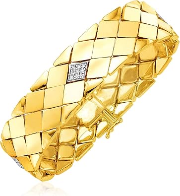 14k Yellow Gold 7 1/2 inch Wide Pyramid Link Bracelet Diamonds