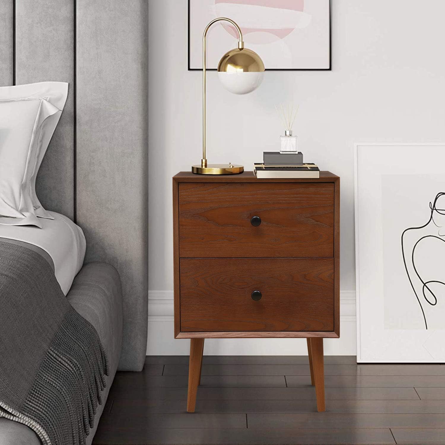MOOSENG Modern Nightstand Wood Cabinet Bedside Table with 2 Drawers Night Stand End Desk Dresser for Bedroom, Living Room, Study, Brown: Furniture & Decor