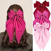 Dark Red Fuchsia Pink Hair Bows for Women Girls, Oversized Large Coquette Bow Aesthetic Hair, Silky Satin Long Tail Bowknot Hair Ribbons Big Bow Clip Accessories Trendy Stuff