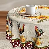 Imiss Rooster Tablecloth Round 60 Inch Vintage Chicken Sunflowers Washable Table Cloth Yellow Flowers Decoration Tabletop Table Cover for Dining Kitchen Picnic Party Outdoor