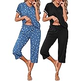 Marvmys Womens 2 Pack Pajama Sets Short Sleeve Pajamas Tops and Capri Pants Pjs Print Lounge Sets with Pockets S-3XL