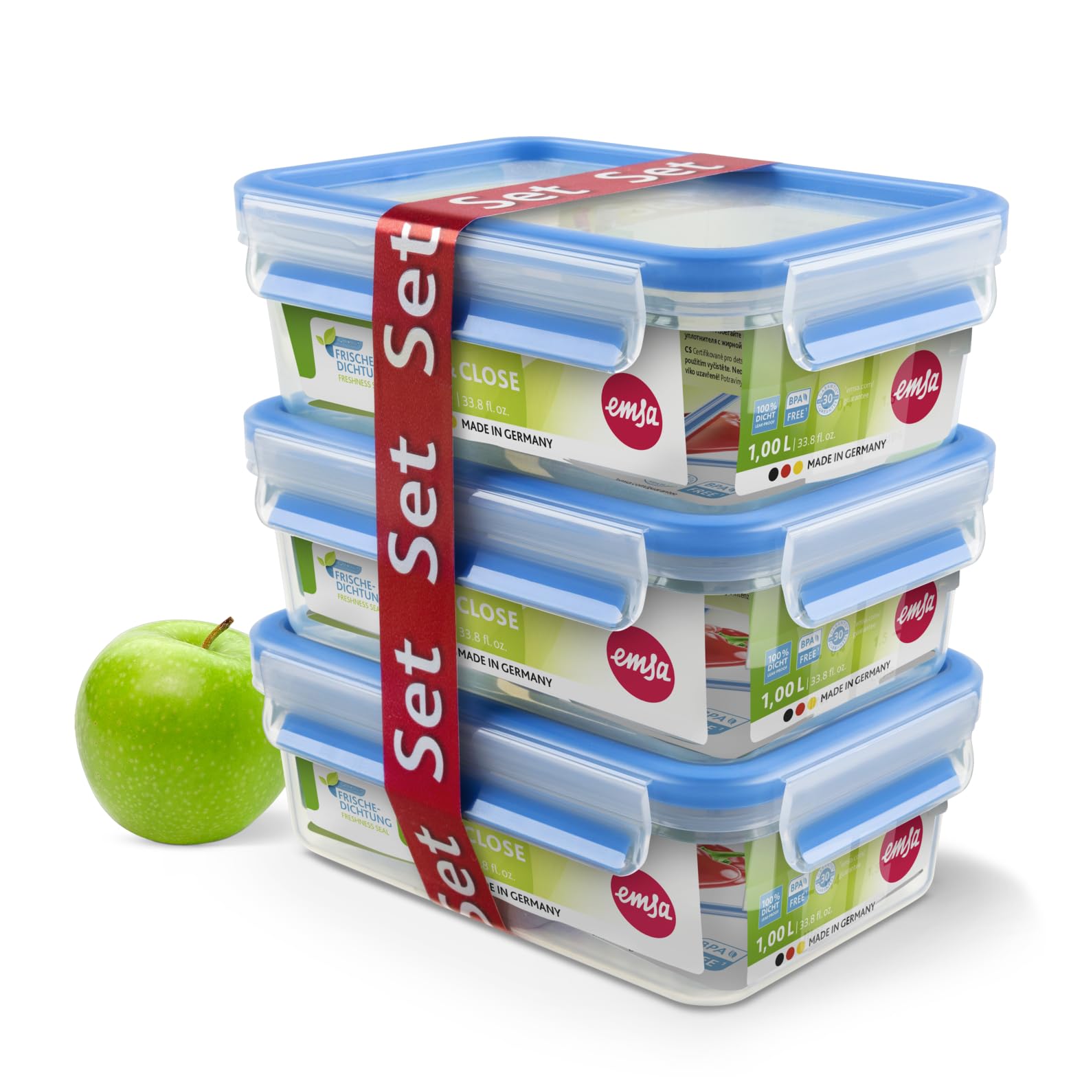 Emsa 508558 Clip & Close 3-piece set of food storage containers, 1 litre, transparent/blue
