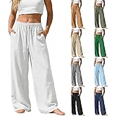 Womens Linen Pants Summer Boho Flowy Casual Drawstring Elastic Waist Wide Leg Palazzo Pant Beach Vacation Clothes