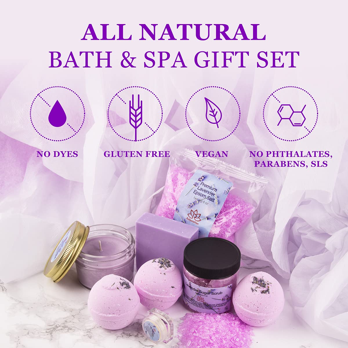 Made in USA Spa Gift Baskets for Women Organic Lavender, Bath and Body at Home, Spa Kit, Soy Wax Candle, Natural Oil Bath Salt, 3 Bath Bombs, Soap Bar, Body Sugar Scrub, for Mom, Girls