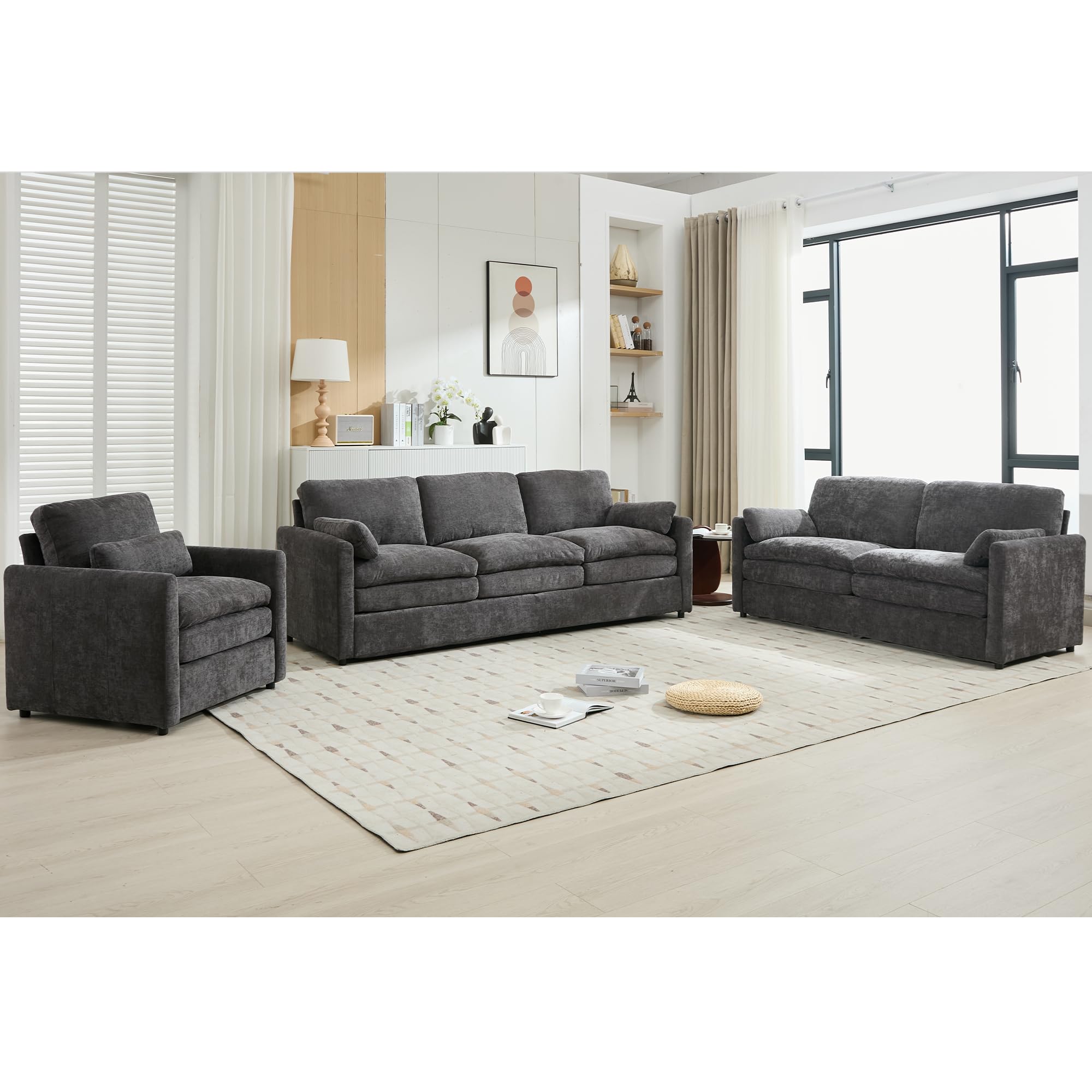Photo 1 of 3-Pieces Living Room Modular Sectional Sofa Set, Modern Chenille Upholstered 3 Seater Couch and Loveseat Armchair Sets with Double Layers Thicken Cushion and Arm Pillows for Home Office Furniture